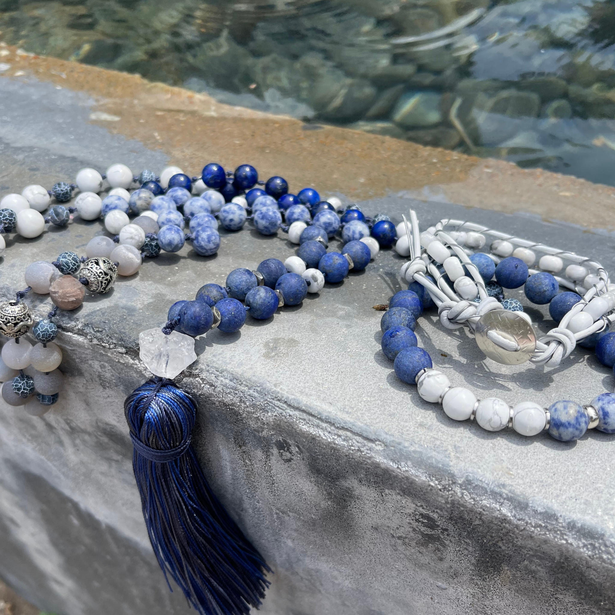 Handcrafted mala and bracelet with vibrant celestial-inspired beads