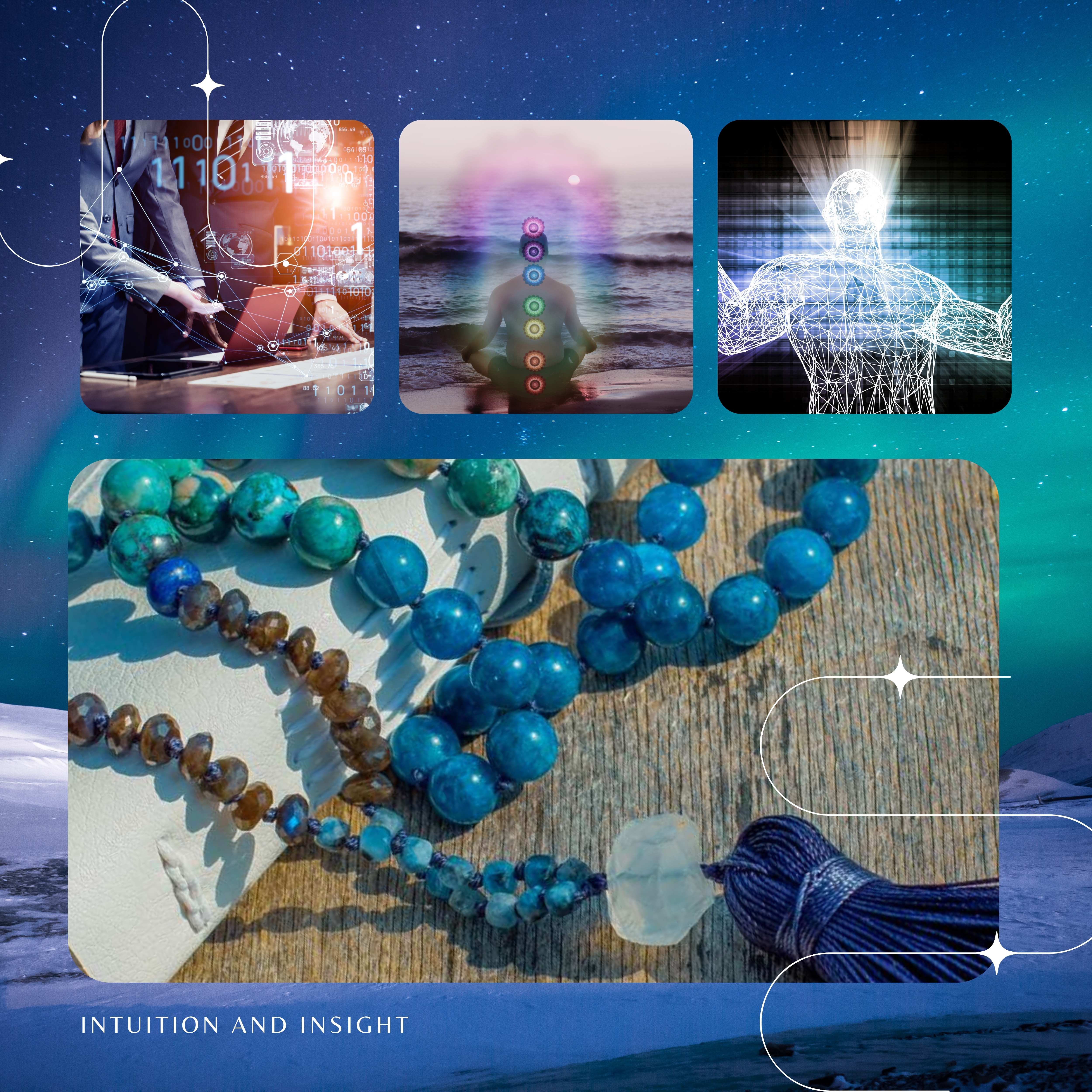 Image of a mala designed with intuition and insight in mind supported by images ofaperson with insight into their workheir chakras lighting ups and two figures with t