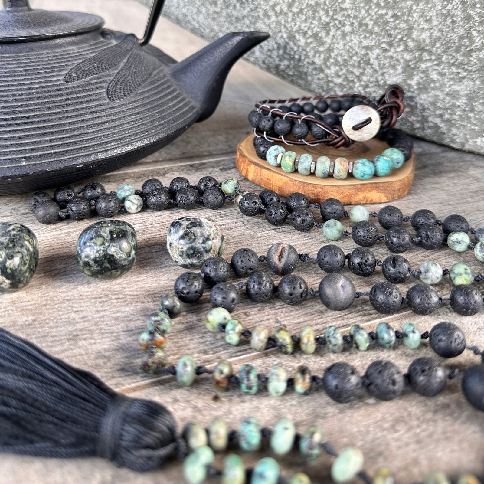 Handcrafted mala and bracelet with vibrant transformation-inspired beads