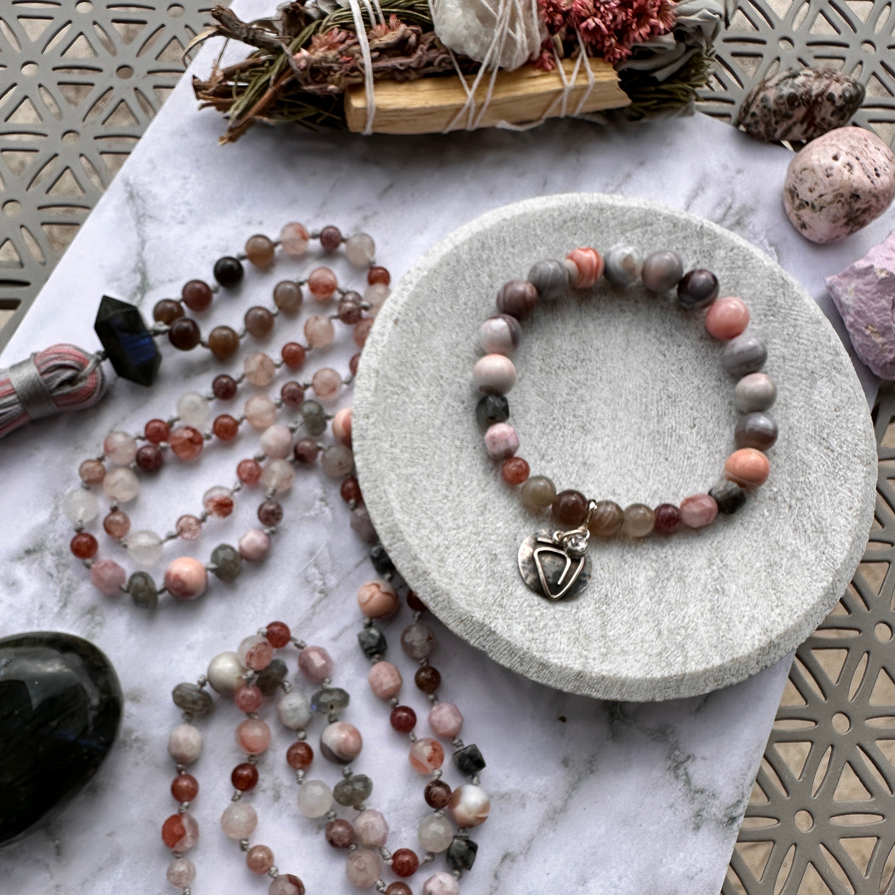 Handcrafted mala and bracelet with vibrant harmony-inspired beads